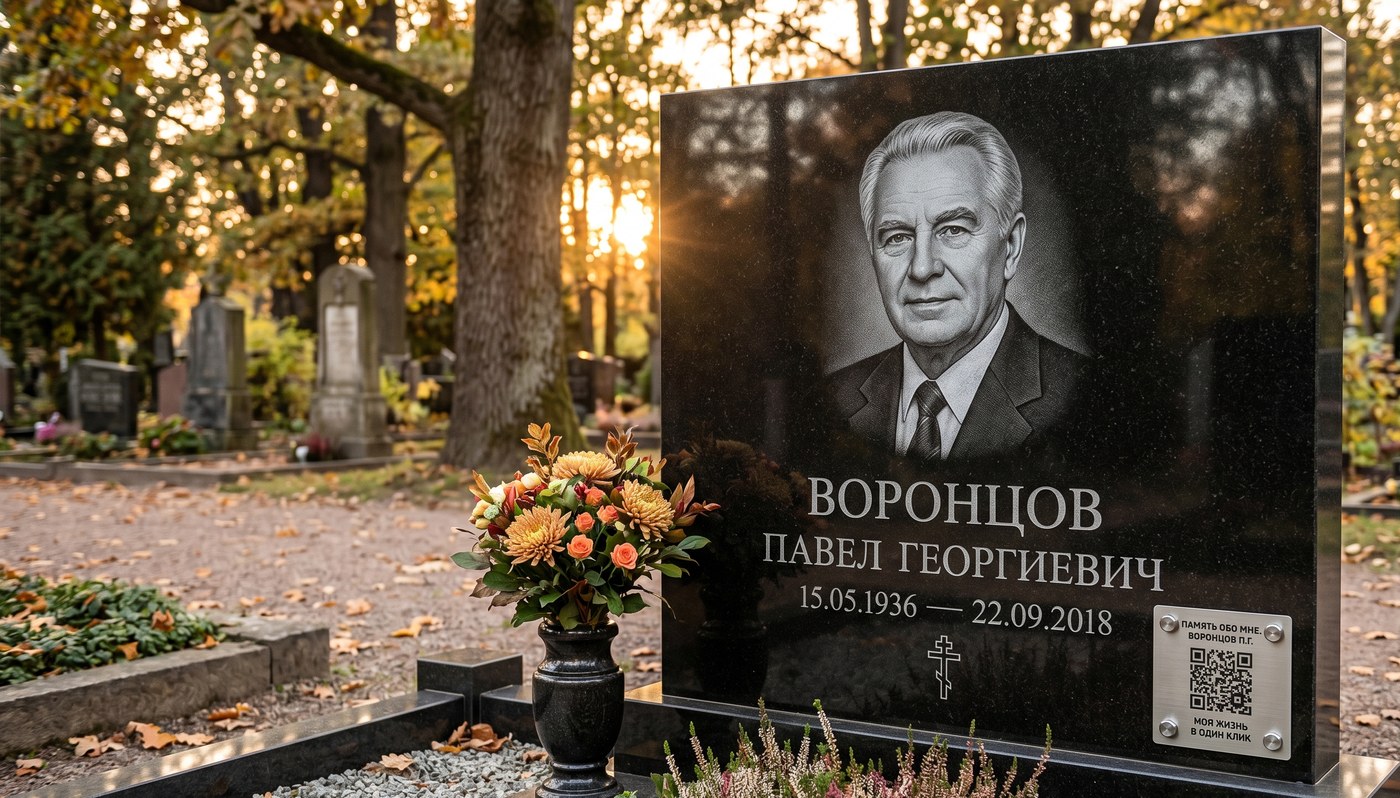Гранитный памятник с портретом и небольшой QR-табличкой на болтах в углу